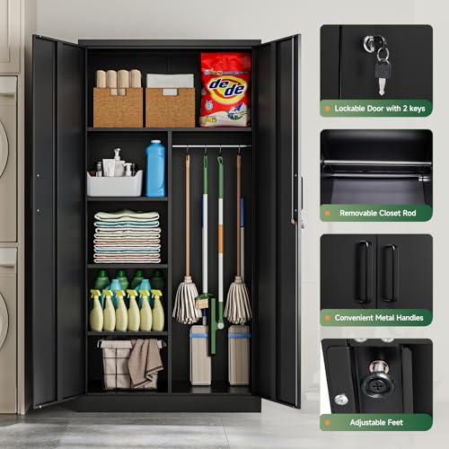Letaya Metal Storage Cabinets Locker with Lock Door, 72'' Clothing Coat Steel Storage Freestanding Wardrobe for Office, Home, School, Employee,Gym,Fire Department (Black)