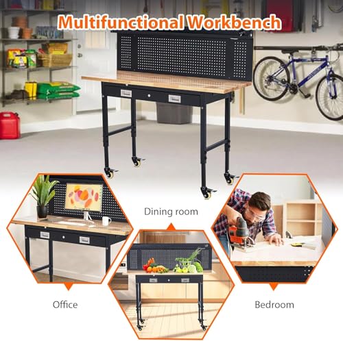 Workbench 60" x 22" Adjustable Height Worktable, Heavy Duty Rubber Wood Top, 2000 LBS Load Capacity, Tool Storage Workstation with Drawer, Pegboard, Power Outlets & Lockable Wheels, with Drawer Back