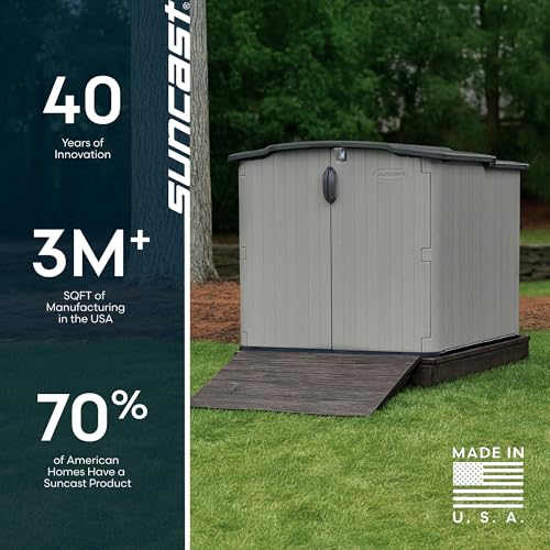 Suncast 138 Cu Ft Horizontal Outdoor Storage Shed, 57.5"x79.75"x52" Glidetop Outdoor Shed with Sliding Lid, Resin Storage Sheds with Floor for Bikes, Motorcycles, & Lawn Mower, Made in the USA