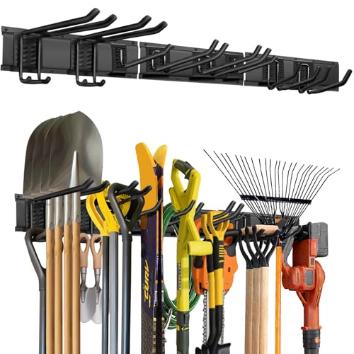 LRYXEG 48-Inch Garage Storage Tool Organizer with 8 Hooks - Heavy Duty Metal Rack for Garage Organization, Garden Tool Organizer - Wall Mounted Tool Hanger for Shovels, Ladders, Lawn Tools