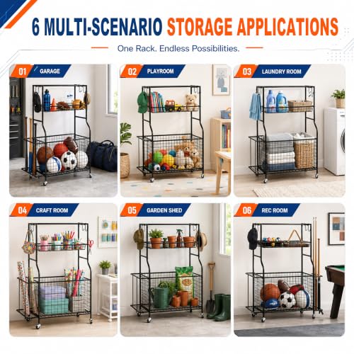 DuraMax Sports Storage Rack for Garage with Wheels, Ball Storage Rack and Sports Equipment Storage Rack, Garage Sports Organizer with Mesh Bin, Basket, Hooks and Bat Rack