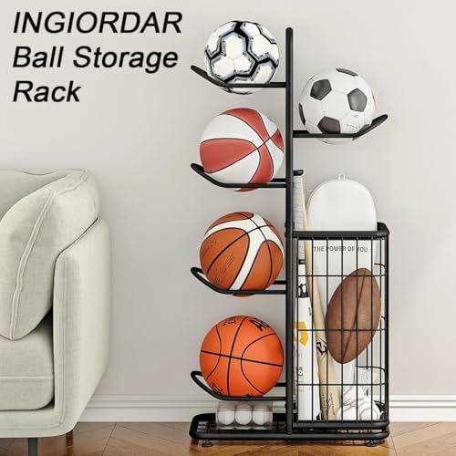 INGIORDAR Basketball Ball Storage Rack Freestanding Organizer Sport Equipment Garage Stand 6 Tier for Football Volleyball Soccer Indoor Outdoor, Black