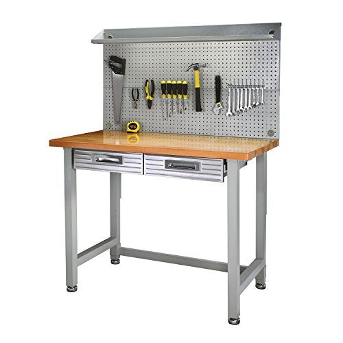 Seville Classics LED Lighted Pegboard Workcenter with 23 Peg Hook Assortment and Drawer Table, 48", Granite Gray