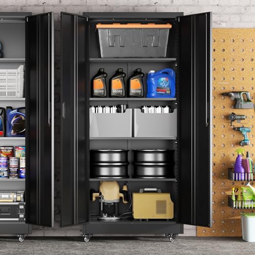 Greenvelly 73" Rolling Storage Cabinet,Black Metal Garage Cabinet with Locking Doors and 4 Adjustable Shelves for Home,Kitchen,Office,Warehouse(32" W x 16" D,Wheels)
