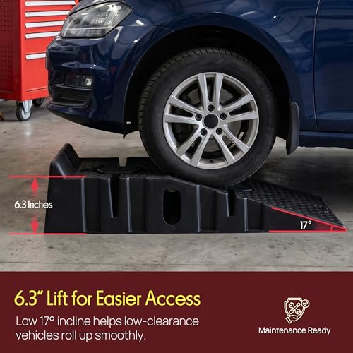 Pyle Heavy Duty Vehicle Ramps | 13000 lb Capacity Car Ramps for Low Clearance Vehicles with 6.3 Inch Lift and 17° Incline | Portable Non-Skid Car Ramps for Oil Changes, 2-Pack, Black.