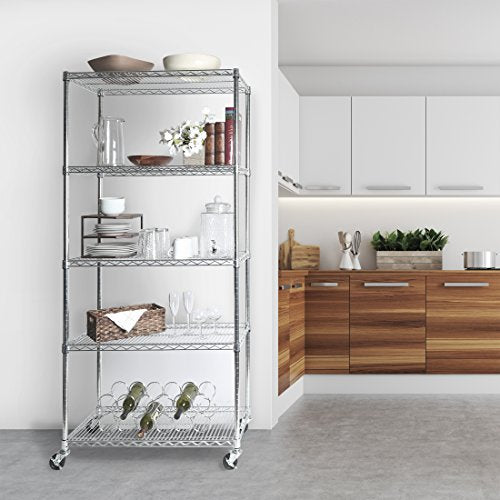 UltraDurable Commercial-Grade 5-Tier Steel Wire Shelving with Wheels, 36" W x 18" D x 72" H, Steel