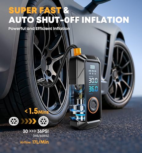 Tire Inflator Portable Air Compressor, Cordless & 12V DC Air Inflator for Car Bikes MotorcycleTires Balls with Auto Shut-Off, Digital Pressure Gauge, Compact Emergency Pump