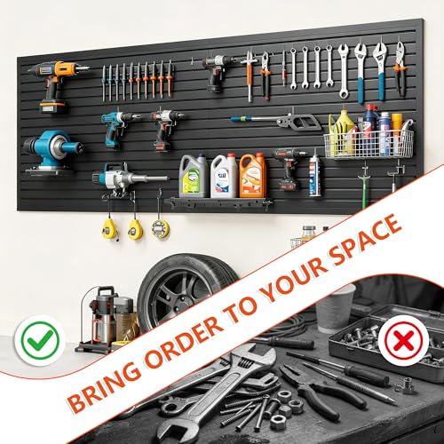 Slat Wall Paneling 4ft x 8ft, Slatwall Panel PVC Garage Storage System Heavy Duty Wall Mounted Tool Organizer, Slate Board Wall Rack for Tools, Power Equipment & Organization,Black