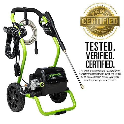 Greenworks 2000 PSI (1.1 GPM Max) Electric Power Washer (25°, 40°, Soap Nozzle) For Use On Decks, Fences, Concrete Patios, Sidewalks & More. Medium-Duty