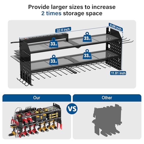 JUNNUJ Large Power Tool Organizer Wall Mount with Charging Station. Garage 8 Drill Holder Tools Battery Storage Shelf, Heavy Duty Utility Storage Rack Built in 8 Outlet 3 USB 6 FT Power Strip