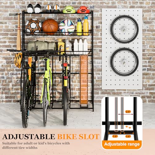 Riodalare 4 Bike Stand, Bike Rack Garage with 3-Tier Storage Baskets, Indoor Outdoor Bicycle Storage Stand Organizer, Metal Stability Floor Bicycle Station for Mountain, Road, Hybrid, Scooters