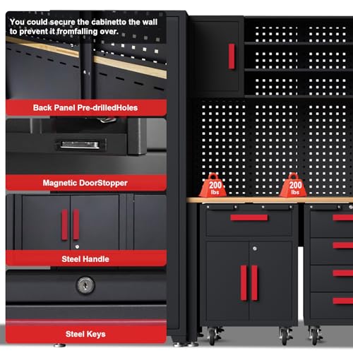 Tsnritor 24Pcs Garage Cabinet Storage System, Heavy Duty Workshop Set Includes Workbench, Pegboard & Lockable Drawers Metal Tool Organization System for Garage Workshop