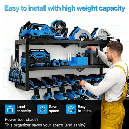 SecureElastic Heavy Duty Power Tool Organizer Wall Mount - 3 Tier Metal Tool Rack with 7 Drill Holders, 300LB Capacity for Garage, Workshop, Pegboard Storage