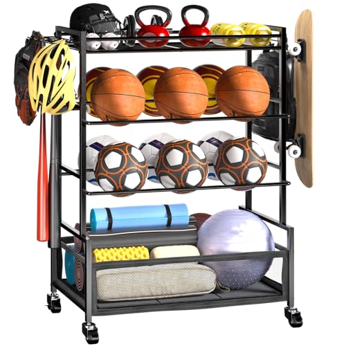 SOYEEZE Sports Equipment Organizer- Ball Storage for Garage,4 Tiers Outdoor Toy Storage,Soccer Racks,Basketball Shooting Training Stand Cart with Wheels and Hooks for Home-School and Gym Use