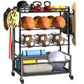 SOYEEZE Sports Equipment Organizer- Ball Storage for Garage,4 Tiers Outdoor Toy Storage,Soccer Racks,Basketball Shooting Training Stand Cart with Wheels and Hooks for Home-School and Gym Use