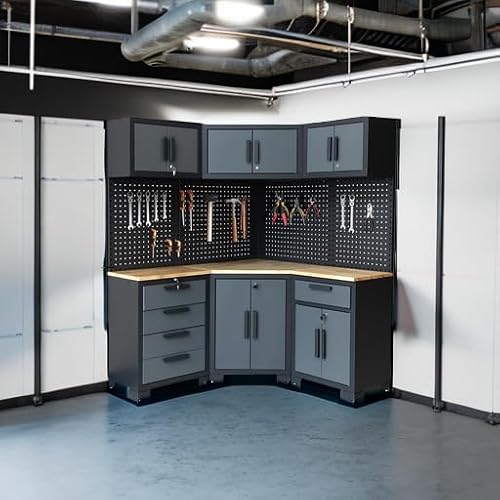 HPDMC Corner Workshop Set - Garage Cabinets and Storage System with Corner Cabinet, Cabinet Drawers, Workbench, Pegboard for Tool Organization - Black and Grey