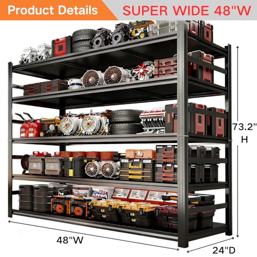 48''W Garage Shelving,3300LBS Heavy Duty Garage Shelving,73.2"H Industrial Shelving,Adjustable Storage Shelf Unit with Double Layer Posts for Garage,Basement,Warehouse,Commercial,Black 5 Tier