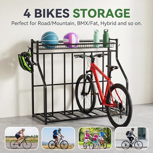 Garvee 4-Bike Stand, Bike Storage Rack, Bicycle Floor Rack for Garage Organizer, Indoor Sporting Gear Storage Station