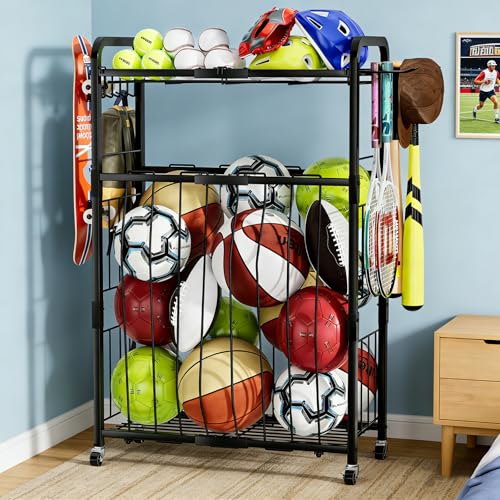 YIWANFW Garage Ball Storage Rack - Sports Equipment Organizer with Wheels, Rolling Sports Ball Cart with Elastic Rope, Outdoor Ball Holder for Basketball Soccer Volleyball Football, Garage Toy Storage