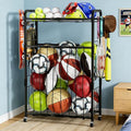 YIWANFW Garage Ball Storage Rack - Sports Equipment Organizer with Wheels, Rolling Sports Ball Cart with Elastic Rope, Outdoor Ball Holder for Basketball Soccer Volleyball Football, Garage Toy Storage