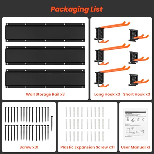 ELECROW Garage Storage Organizer, Wall Mount Rack with 6 Adjustable Hooks, 48 Inches Adjustable Garden Tool Organization, Heavy Duty for Garden and Yard Tool Storage