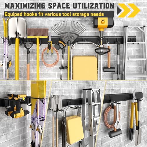 YZSFMZGE 64" Garage Wall Tool Organizer, 900 Lbs Heavy Duty Steel Garden Tool Storage Rack & Garage Organization for Yard, Shed, Garage - 12 Longer & Thicker Hooks + 2 Straps