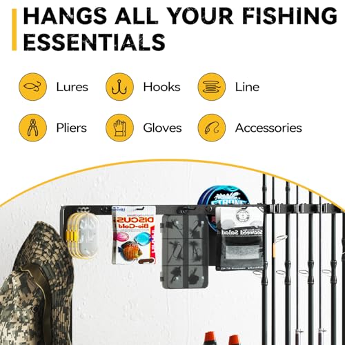 SOYEEZE Fishing Rod Holders for Garage, Fishing Pole Rack-360 Degree Rotating, Floor Stand Fishing Rod Storage Holds Up to 12 Rods, Space-Saving Pole Organizer with Unique Hook & Basket Design