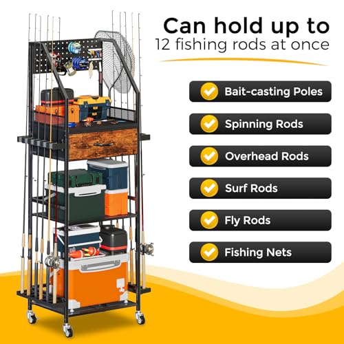 JIRTEMOT Fishing Rod Holder Organizer with Fabric Drawer & Pegboard, Space-Saving Garage Storage for 12 Rods, Reels, Tackle Boxes, Portable Fishing Gear Cart for Easy Access & Mobility