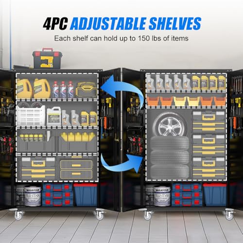 Yeeoy Wide & Deep Metal Garage Storage Cabinet with Pegboard & Adjustable Shelves, Lockable Storage Cabinet with Wheels, Tool Organization Cabinets for Office Garage Shop, 43''W x 22''D x 72''H