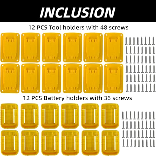 Wallignix 24 Pack Tool Battery Packs Mount Bracket Compatible with Dewalt,12 PCS Tool Drill Holder For Dewalt 20V/60V and For Red 18V tool+12 PCS Battery Packs Holders for Dewalt 20V-60V with Screws