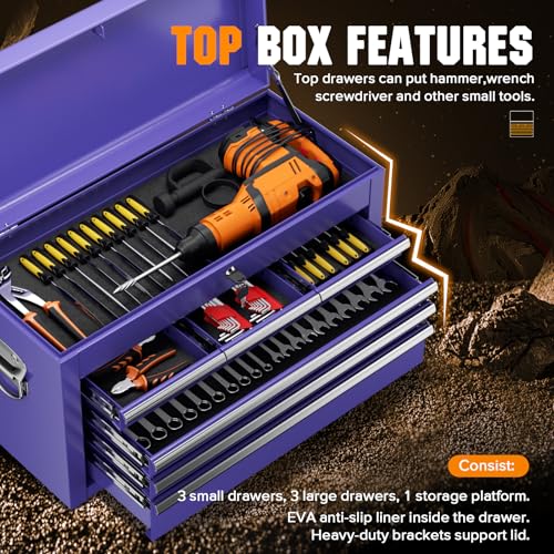 Oakcloud Lockable 8-Drawer Rolling Tool Chest & Cabinet Combo with Black Liner – Heavy-Duty Steel Garage Tool Box on Wheels – Detachable Top Toolbox & Bottom Storage Cart with Side Hooks, Purple