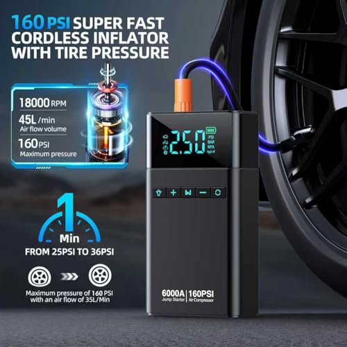 CZKBG 10-in-1 Portable Car Battery Jump Starter with Air Compressor, 6000A 160PSI Portable Car Jumper Starter (All Gas 12L Diesel), 12V Jump Box Car Battery Jump Starter with Jumper Cables, Lights