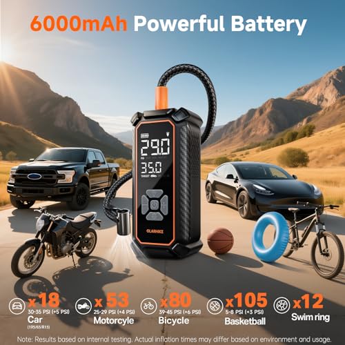 OlarHike Tire Inflator Portable Air Compressor, Lightning-Fast Inflation, Dual Power - 6000mAh & 12V DC, Cordless Air Pump for Car Tires, Bikes, Motorcycle, Balls with LED & Digital Pressure Gauge