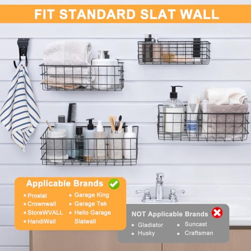 LYYUWE 12 Pack Slatwall Organizer Kit with 4 PCs Slatwall Baskets (10.5 to 13.5 Inches) and 8 PCs Slat Wall Hooks Heavy Duty, Black Steel Slatwall Accessory for Garage, Retail Display and Home Storage