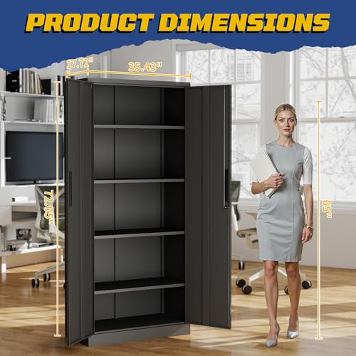 FLIXELIO Metal Storage Cabinet with Adjustable Shelves, 72" Steel Garage Storage Cabinets with Lock and 2 Door, Locking Tool Cabinet Utility Cabinets for Garage, Kitchen, Home Office, School, Shop