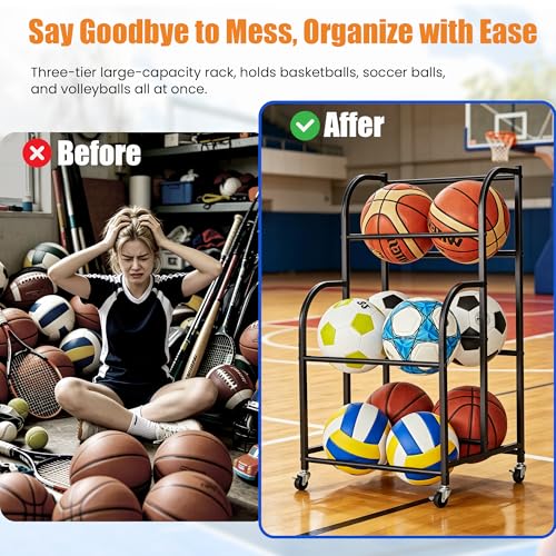 ShelfElites Basketball Rack with Wheels - Space-Saving Vertical Ball Storage for Basketball, Football, Soccer, Rolling Ball Rack for Garage & Outdoor, Heavy-Duty Ball Holder Organizer
