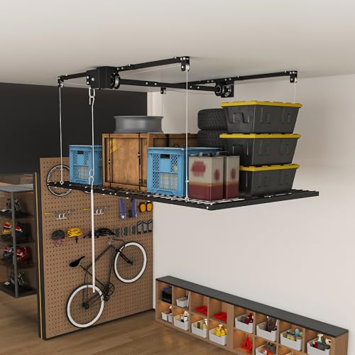 Montary 5x9 FT Overhead Garage Storage Rack for 10-12 FT Ceiling, Adjustable Ceiling Lifting Storage Rack with Safety Lock, 400LBS Capacity All-Steel Construction Heavy-Duty Garage Organizer Rack