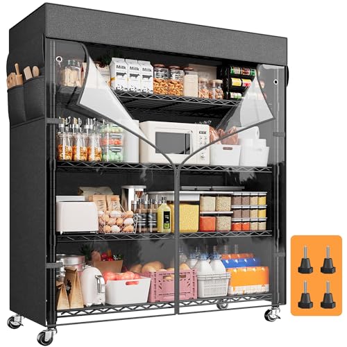 REIBII 72.8" H Storage Shelves with Cover & Wheels, Wire Shelving Heavy Duty Metal Shelving for Pantry Kitchen Garage, Storage Rack Shelf Shelving for Commercial Industrail, 35" W*16" D*72.8" H