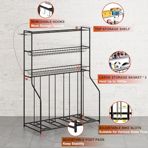 Kificet 4 Bike Stand, Bike Rack Garage with 3-Tier Storage Rack, Bicycle Stand for Garage Organizer, Indoor Sporting Gear Storage Station for Mountain/Road/Hybrid & Fat Tire Bike, Patent Pending