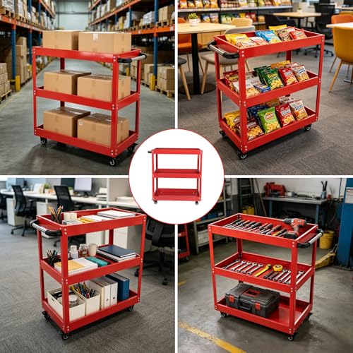 DEGEDUN 3-Tier Utility Cart, 330 Lbs Load Capacity, Heavy Duty Rolling Tool Cart with Wheels, Red Steel Service Cart for Workshop and Garage Storage