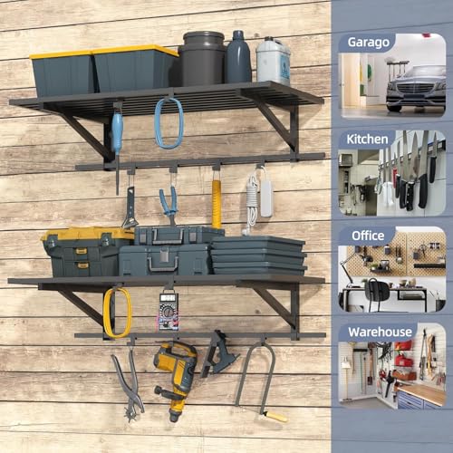 ZHNSYDN 2-Pack 2x4ft Garage Shelving Wall Mounted, Heavy Duty Garage Storage Shelves with 12 Hooks, 2' x 4' Wall Mount Shelves with 500LBS Capacaity