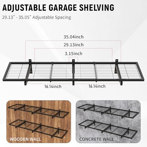 2 Pack Garage Wall Shelves, 46"X 12.5" Garage Shelving Wall Mounted, Heavy Duty Shelf Organizer with 8 Hooks, Black Floating Storage Metal Rack 320 LBS Capacity for Laundry Room, Office, Basement