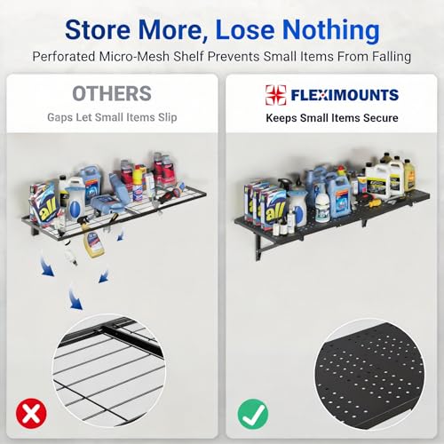 FLEXIMOUNTS 2-Pack 1x3ft Heavy Duty Garage Wall Shelving, Perforated Metal Garage Shelving Wall Mounted, 700 lbs Capacity, Garage Organization System for Tools, Bins & Space Saving