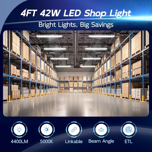 hykolity 4 Pack Linkable LED Shop Light, 4FT 42W [250W Equivalent], 4400lm, 5000K Daylight, with Plug, Utility Light Fixture, Hanging or Surface Mount, White