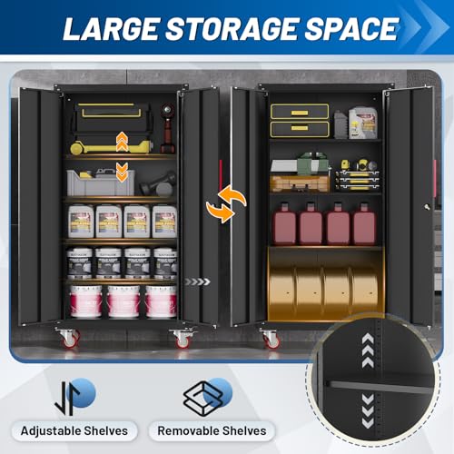 Rumetol Metal Storage Cabinet with Wheels,71" Garage Cabinets with 4 Adjustable Shelves and Lockable Doors,Black Locking Cabinet Suitable for Garages,Home,Office