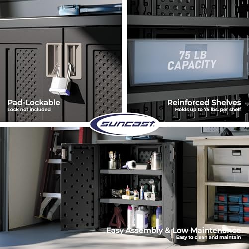 Suncast Base Storage Cabinet for Garage Organization - 9 Cu. Ft. Lockable 2-Shelf Organizer for Garden Supplies, Paint Cans & Outdoor Tools, Multi-Wall Resin Construction, Black