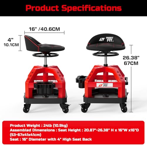 FreekyFit Rolling Shop Stool for Garage with Casters, DO02-Adjustable Height 360° Swivel Shop Seat with Tool Tray Storage, 330 LBS Capacity Padded Mechanic Stool, Magnetic Tool Hold, Heavy Duty, Red