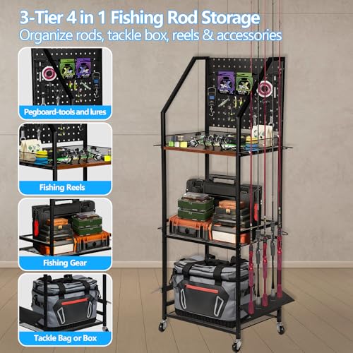 Fishing Rod Holder for Garage Organization, Fishing Rod Rack, Fishing Gear Storage up to 12 Rods with Pegboard & Hooks, Heavy Duty Fishing Cart with Wheels for Fishing Storage,Tackle Box (Large)
