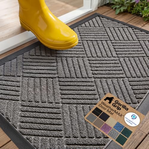GORILLA GRIP 100% Waterproof All-Season WeatherMAX Doormat US Designed Natural Rubber, Stain Fade Resistant, Low Profile Indoor Outdoor Door Mats, Easy Clean, 29x17 Gray Diamond
