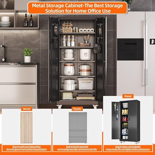 Aobabo Lockable Metal Garage Storage Cabinet with Wheels and Door Pegboard, 5 Adjustable Shelves for Tools, Workshop, Office and Home Utility Storage, Black, 16" D x 32" W x 71" H,Required Assembly